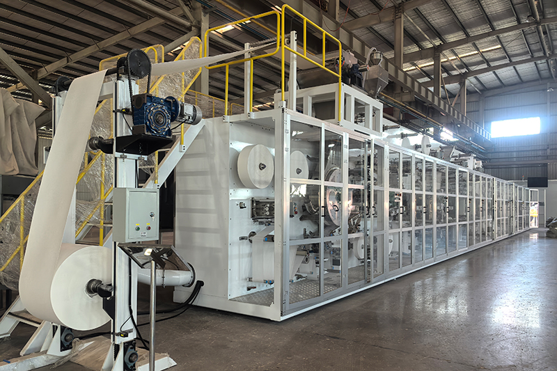 Servo-driven sanitary napkin production line — rear view