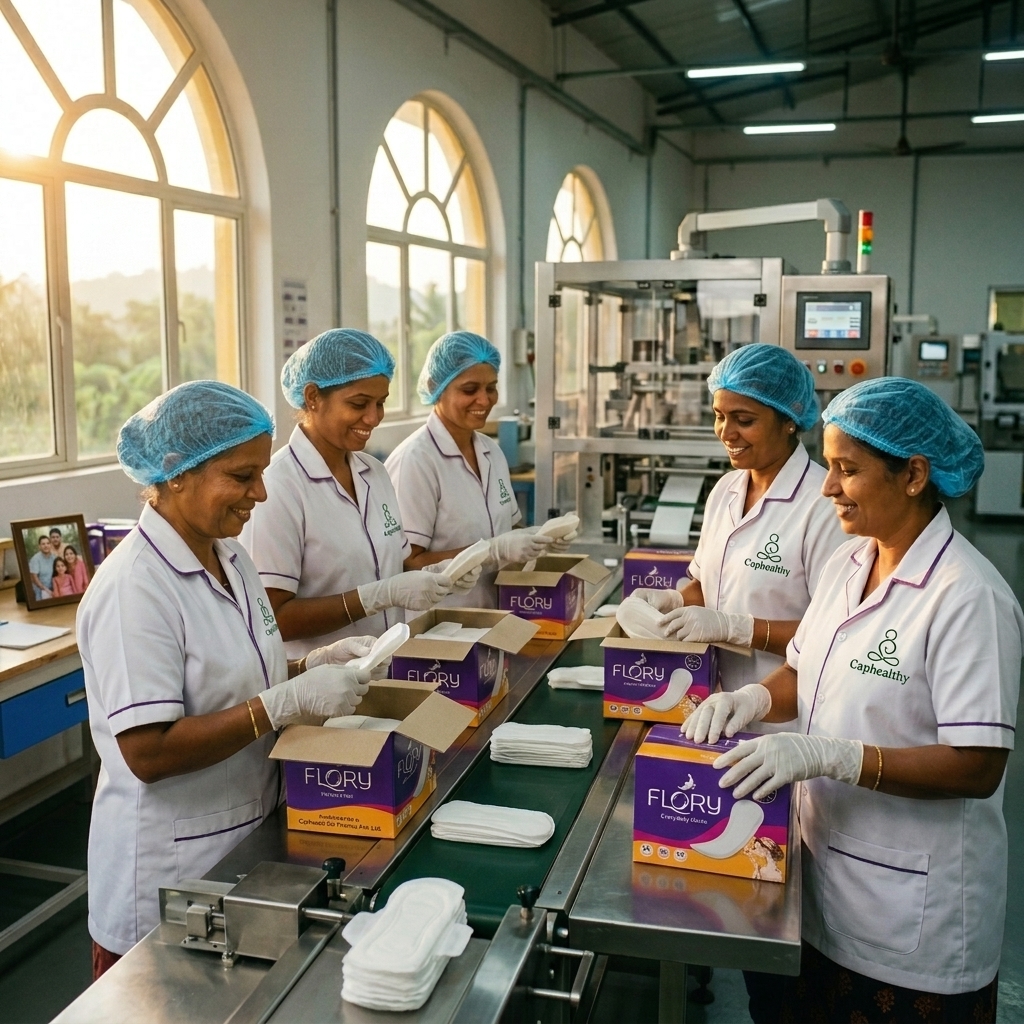 Women from Self Help Groups packing Flory sanitary napkins at Caphealthy Pharma factory in Goa, demonstrating stringent hygiene protocols with hairnets and gloves